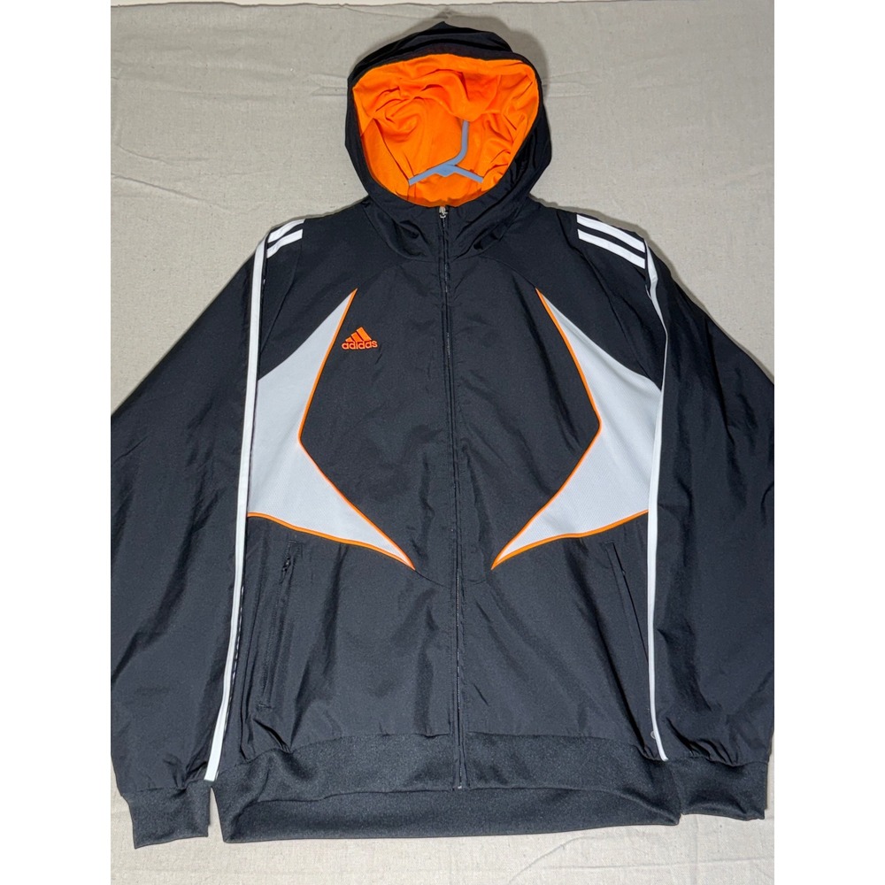 Adidas Mens Large Hooded Windbreaker Jacket Black Orange White Full Zip Sporty